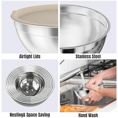 ENVTEK 7-Piece Stainless Steel Mixing Bowls Set with Lids & 3 Grater Attachments – Size 4.5, 4, 3.5, 2.1, 1.5, 1.1, 0.7QT, Kitchen Gadgets Set for Cooking, Baking, and Serving, Khaki thumbnail 6