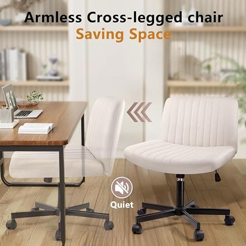 Criss Cross Chair with Wheels, Cross Legged Office Vanity Chair with Wheels, Comfortable Beige Vanity Chair with Back, Armless Fabric Adjustable Wide Swivel Criss Cross Desk Chair for Home Office thumbnail 7