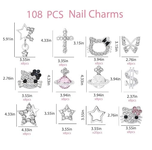 112 PCS Nail Charms Bulk Set for Kawaii Kitty Charms Bling Cute Cross Star Charms Nail Charms and Gems 3D Silver Y2K Nail Gems with Rhinestones Nail Art Accessories thumbnail 2