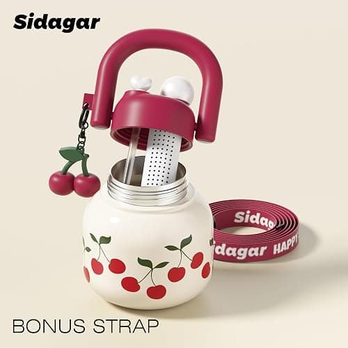 Sidagar 22 oz Tote Water Bottle with Straw and Carry Handle, Wide Mouth Vacuum Insulated Stainless Steel Tumbler, Travel Coffee Cup for Women Easy Carry, Cherry thumbnail 6