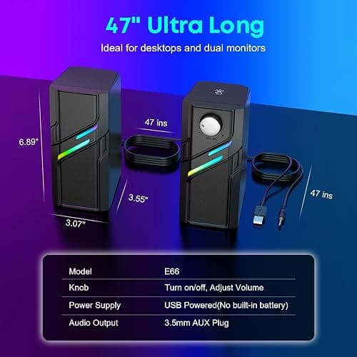 LENRUE Computer Speakers for Desktop PC with Easy Knob, Clear Powerful Sound, Touch Lights, Plug and Play for Computer Desktop PC, Monitors, Laptop (USB & AUX) thumbnail 6