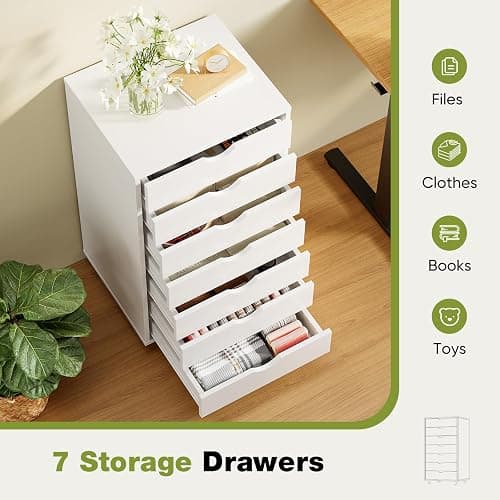 Sweetcrispy 7 Drawer Chest Mobile Storage Cabinets Wooden Dresser with Wheels Room Organization Furniture for Office, Pure White thumbnail 5