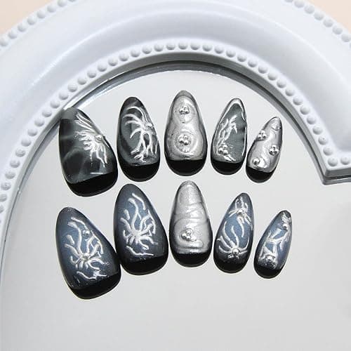 30Pcs Goth Press on Nails Medium Almond Fake Nails 3D Silver Alloy Chrome Glitter Design Y2k Glue on Nails Full Cover Glue on Nails Reusable Handmade Nails Black False Nails for Women Acrylic Nails thumbnail 3