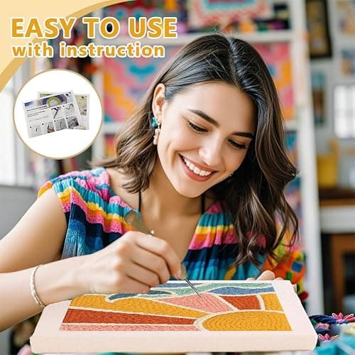 DOODLREAM Bohemian Sun and Ocean Waves DIY Punch Needle Embroidery Kit for Adult Beginner, 24 cm Boho Punch Stitching Craft Set for Starter with Frame, Fabric Pattern, Threader, Yarn, Punch Needle thumbnail 3