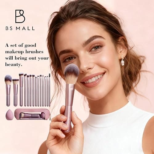 BS-MALL 14 Pcs Makeup Brushes Set with 1 Pcs Makeup Sponge – Essential Foundation Powder Concealers, Eye Shadows, Blush Makeup Brushes with Travel Makeup Case (Matte Gold Pink) thumbnail 6