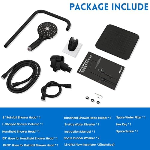 Ryamen Dual Shower Head Combo, 8'' High Pressure Rain Shower Head with Handheld Spray, 6 Settings Handheld Showerhead, 15" Height Adjustable Slide Bar, Angle Adjustable, Matte Black thumbnail 8