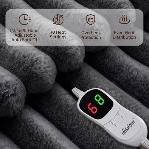 HaloRest Heated Throw Blanket, Faux Fur Cozy Heating Blanket with Overheat Protection, 1/2/4/6/8 Hours Auto-Off 10 Heat Level, Machine Washable (50x60 Inches, Darkgrey) thumbnail 5