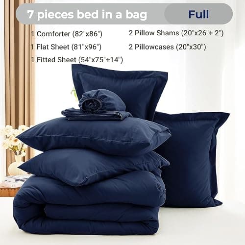 MUXHOMO 7 Pieces Full Comforter Set, Soft Bed in a Bag Full Size, All Season Bedding Set with Comforter, Flat Sheet, Fitted Sheet, Pillowcases & Shams, Navy Blue thumbnail 4