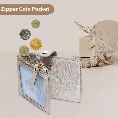 M-Plateau Wallet, Womens card Holder Leather Keychain Wallet With Zipper Coin Pocket ID Window Wrist Strap Gift Box (Beige) thumbnail 7
