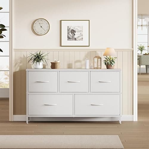 OLIXIS White Dresser for Bedroom, Wide Chest of Drawers for Clothes Storage | Fabric Bedroom Dresser with 5 Drawers, Storage Organizer Unit with Fabric Bins, Wooden Top, Living Room thumbnail 7