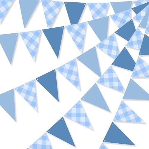 Blue Pennant Flag Banner for Boy Birthday Party Decor, Blue Gingham Triangle Banner Garland for Nautical Wedding Birthday Party Ahoy Achor Bridal Baby Shower Supplies - Image 1
