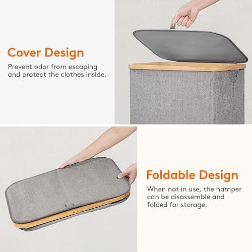 Lifewit 100L Laundry Basket with Lid, Clothes Hampers for Laundry with Bamboo Handles and 1 Removable Bag, Large Foldable Laundry Hamper for Bedroom, Bathroom, Dorm, Laundry Room, Light Gray thumbnail 7