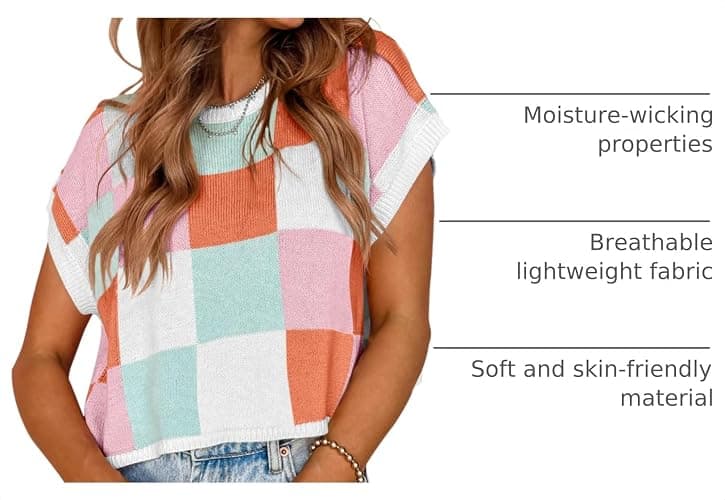 Saodimallsu Womens Cap Sleeve Crop Tops Summer Color Block Knit Sweater | Summer, Color Block, Going Out, Crew Neck, Knit Trendy Casual Sweater,Teacher Outfit thumbnail 4