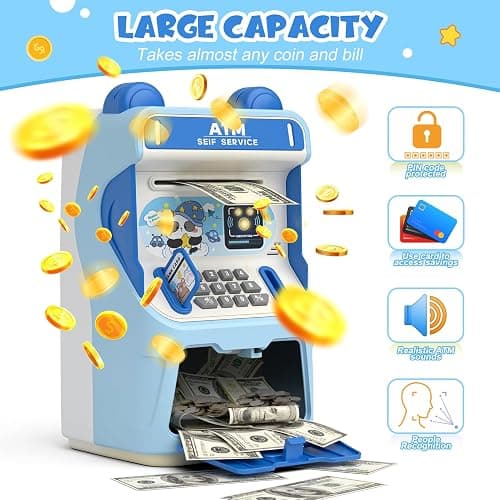 Rabbit ATM Piggy Bank for Girls with Automatic Bill Roller, Electronic Coin Bank with Simulated Card Slot & Facial Recognition, ATM Money Saving Box with Music Function for Kids(Blue) thumbnail 5