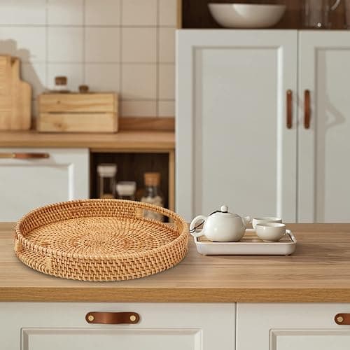 Whalehub Round Rattan Serving Tray with Handles, Hand Woven Basket, Home Decor Organizer Tray for Breakfast, Tea, Snack, Fruit, Coffee,Storage (Medium)(11.9inchX1.7inch) thumbnail 6