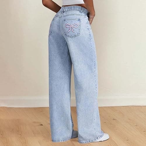 Godalithic Baggy Jeans for Girls Cute Kids Bow Embroidery Wide Leg Denim Pants High Waist Trousers Y2k Tween Clothes 7-13Y thumbnail 3
