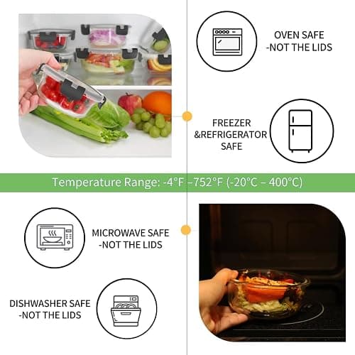 HOMBERKING 18 Piece Glass Food Storage Containers with Lids, Glass Meal Prep Containers, Airtight Lunch Bento Boxes, BPA-Free & Leak Proof, Oven, Freezer and Dishwasher Safe (9 lids & 9 Containers) thumbnail 4