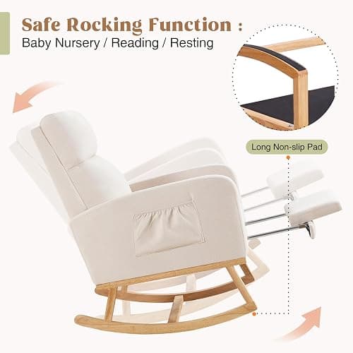 HCHAIRH Rocking Chair Nursery, Nursing Rocking Chairs with Foot Rest for Mom Nursery, Glider Rocker Chair with Footrest and High Backrest for Living Room, Bedroom, Beige thumbnail 3