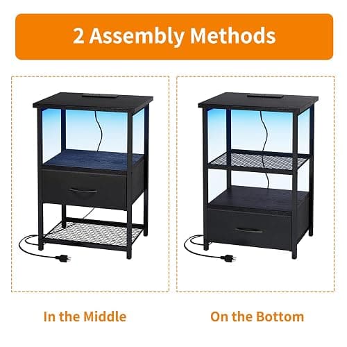 Fixwal Night Stand with Charging Station, LED Nightstand Side Table with Fabric Drawers PU Finish, End Tables Bedroom, Bedside Table, Black thumbnail 6