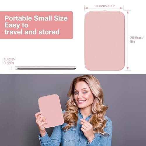Kintion Travel Makeup Mirror, Portable LED Lighted Makeup Mirror, 360° Rotation Touch Screen Vanity Mirror, 60 LEDs, 3-Color Dimmable Lighting, Rechargeable Tabletop Folding Cosmetic Mirror, Pink thumbnail 2