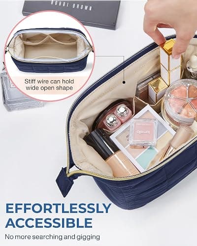 BAGSMART Makeup Bag Travel Toiletry Bag, Puffy Padded Make Up Bags for Women Makeup Organizer Case, Wide-open Pouch Purse Travel Essentials Toiletries Accessories Brushes, Navy Blue thumbnail 4