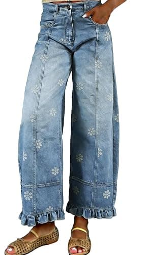 utcoco Barrel Jeans Women 2026 Floral Print Wide Leg Jeans Y2k Patchwork Baggy Boyfriend Denim Pants - Image 1