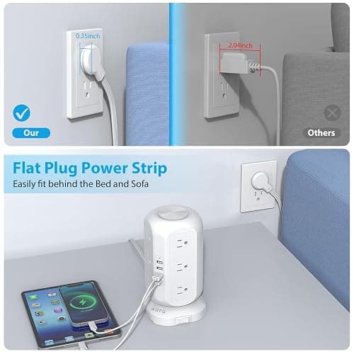 Tower Power Strip Flat Plug with 12 Outlets 4 USB(1 USB C),AOFO Surge Protector Charging Station with Overload Protection, Widely Spaced Multiple Outlets 10Ft Extension Cord for Home, Dorm,Office thumbnail 6