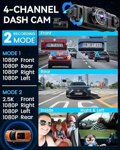 IIWEY N5 4 Channel Dash Cam 360° View, 1080P Front and Rear Inside, Left Right Dash Camera for Cars, 8 IR Lamps Night Vision, 5G WiFi & APP Control, G-Sensor, Parking Mode, with a Free 128GB SD Card thumbnail 3
