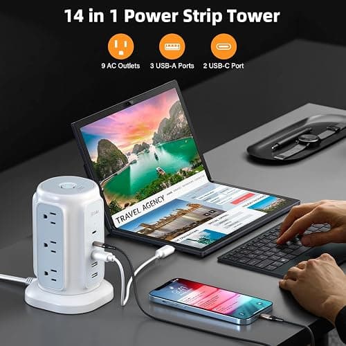BESFAN Power Strip Tower, 1625W Surge Protector with 9AC Outlets 5 USB Ports, 6.5 FT Extension Cord Charging Tower for Multiple Devices, for Office Supplies, Dorm Room Essentials for Girls, Guys thumbnail 2