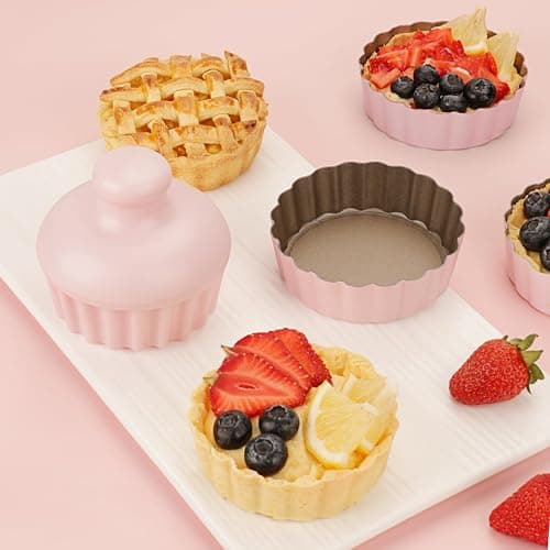 LIFVCNT 1 Inch Deep Mini Tart Pan Set, 6PCS 3.6 Inch Tart Pans with Removable Bottom and Tart Tamper, Nonstick & Durable Bakeware, Ideal for Mini Pies, Tarts, Quiches, Cheesecakes, (Pink) thumbnail 2