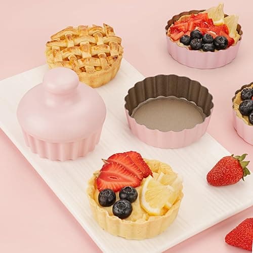 LIFVCNT 1 Inch Deep Mini Tart Pan Set, 6PCS 3.6 Inch Tart Pans with Removable Bottom and Tart Tamper, Nonstick & Durable Bakeware, Ideal for Mini Pies, Tarts, Quiches, Cheesecakes, (Pink) thumbnail 3
