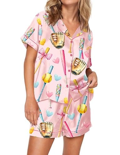 SHESHOW Pajamas for Women Set Satin Button Down Short Sleeve Top and Shorts Pjs Sets Sport Ball Print Sleepwear XS-XXL thumbnail 2