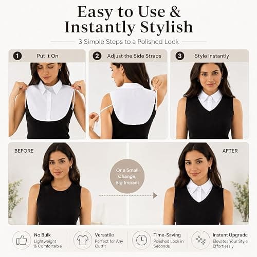 ITISMUNGO 2 Pcs Detachable Fake Pointed Collar for Women, Black & White Dickey Collar Half Shirt, Soft Breathable Faux Collar for Daily/Graduation/Office Outfits thumbnail 6