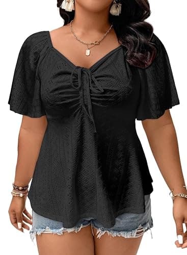 Eytino Womens Plus Size Tops Sweetheart Neck Short Sleeve Eyelet Embroidery Summer Loose Peplum Shirts(1X-5X) - Image 1