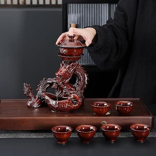 fanquare Lazy Kungfu Ceramic Tea Set for 6, Chinese Dragon Shape 9 Piece Tea Set Gift Box, Tea Cup, Infuser, Fair Cup Unique Tea Set for Office Business Gift, Red thumbnail 5