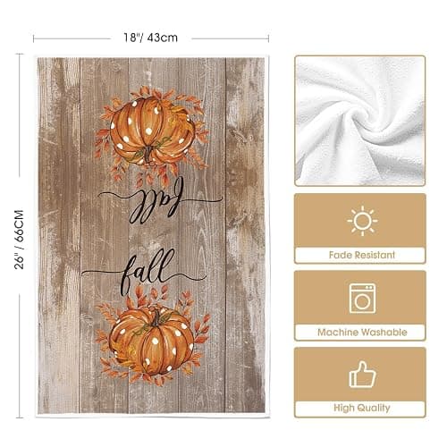 Artoid Mode Wood Pumpkin Leaves Fall Kitchen Towels Set of 2 18x26 Inch | Thanksgiving Autumn Wood Buffalo Plaid Hand & Dish Towels,Ultra Absorbent,Seasonal Farmhouse Decoration thumbnail 3