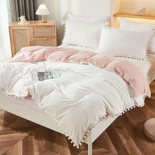 Bedbay Pink Comforter Set Twin Size Dorm Bedding Cute Pom Pom Fringe Boho Comforter White and Pink Reversible Bedding Sets for Girls Boys Soft Washed Microfiber 2 Pcs - Image 1