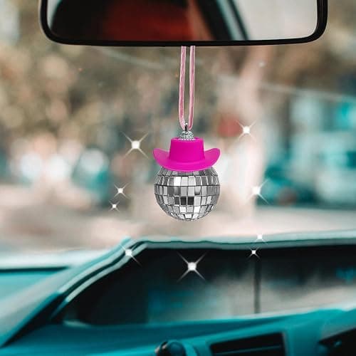 SPANSEE Pink Disco Ball Car Ornament, Mirror Ornament, Cowboy Hat Accessory, Cute Disco Ball Charm Accessories - Image 1