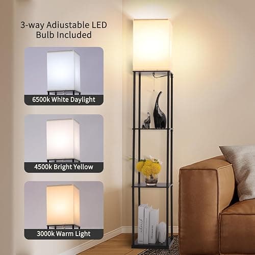 Gupuzm Floor Lamp with Shelves, Modern Square Standing Lamp with 3 Color Temperature Bulb, Corner Display Bookshelf Lamp for Living Room, Bedroom and Office (Black) thumbnail 2
