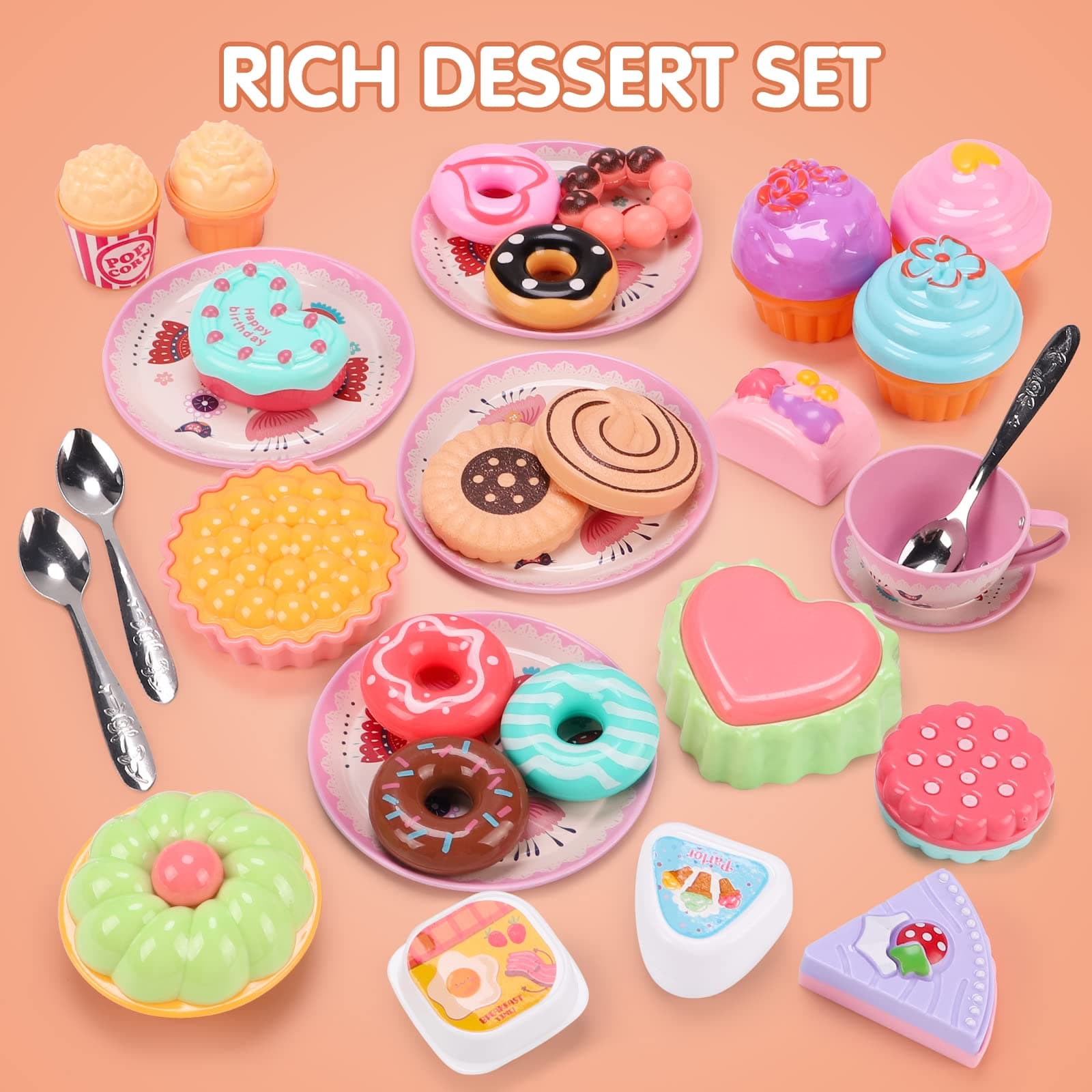 REMOKING 45 PCS Kids Tea Party Set for Little Girls,Tea Set Including Pretend Tin Teapot,Dessert,Cookies,Doughnut,Ice Cream, Kids Kitchen Pretend Play Playset,3 4 5 6 7 Year Old Boys Girls Gifts Toy thumbnail 2
