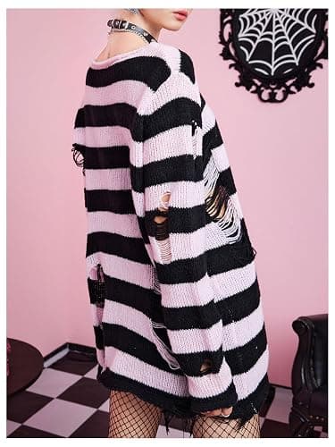 SweatyRocks Women's Ripped Hole Striped Sweaters Oversized Long Sleeve Pullover Knit Top thumbnail 3