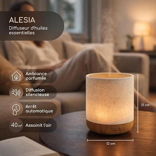 Zen’Arôme Diffuseur Ultrasonique Alesia – Diffusion Huile Essentielle à Froid Aromathérapie – Design Original, Coque en Toile de Lin et Revêtement Couleur Bois – Diffusion + Éclairage Personnalisables thumbnail 3
