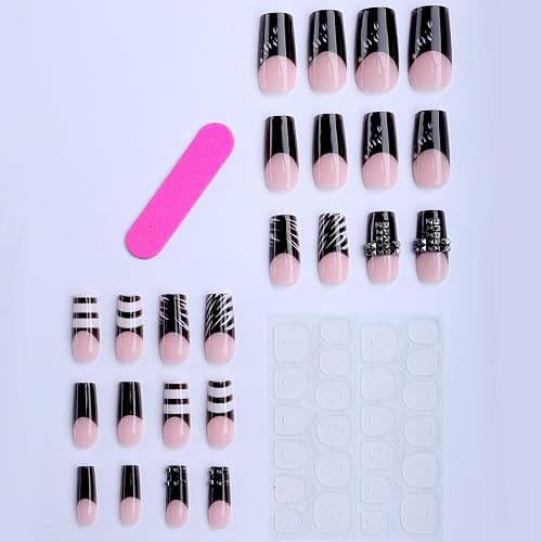 Long Press on Nails Square Fake Nails Black Acrylic Nail Press Ons Seeneey Y2K Stripes Glossy Stick on Nail for Women 24pcs thumbnail 3