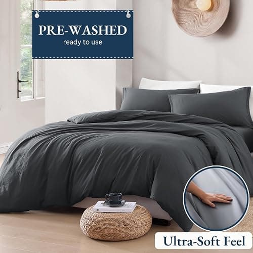 Lane Linen Charcoal Twin Duvet Cover Set thumbnail 2