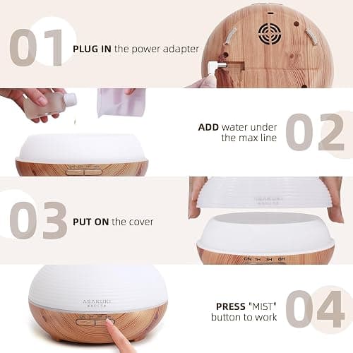 ASAKUKI 300ML Essential Oil Diffuser, Wood Grain BPA-Free Whisper Quiet Cool Mist Humidifier, Natural Home Fragrance Diffuser with 14 Colors LED Lights and Easy to Clean - Light Brown thumbnail 8