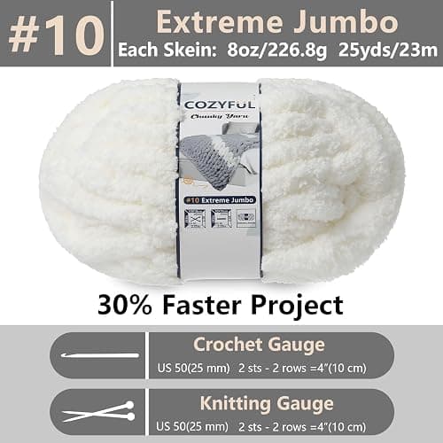 Cozyful Chunky Yarn for Hand Knitting - #10 Chunky Chenille Yarn, Jumbo Big Thick Chunky Yarns for Crocheting, Super Bulky Chunky Knit Blanket Yarns, 8 Skein (25 yds 8 oz Each Skein), Cream thumbnail 3