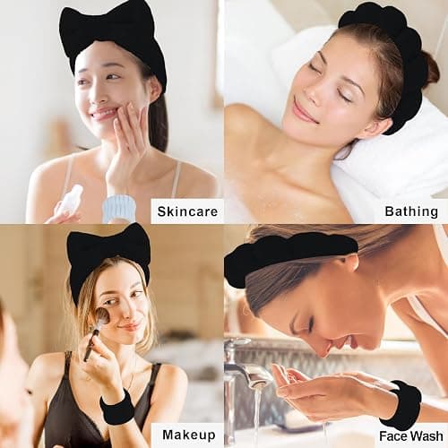 Canitor Sponge Spa Headbands Wristband Set with Hair Clips Skincare for Washing Face Non Slip Puffy Terry Cloth Makeup Headband Face Wash Wrist Bands Cute Trendy Stuff (black) thumbnail 5
