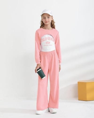 YOURUIKEY Girls 3 Piece Outfits Long Sleeve Crop Shirts & Cami Tops & Sweatpants Sets Fall Clothes Size 8-14Y thumbnail 2