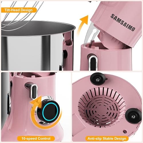 Stand Mixer, 6.5QT Tilt-Head Electric Kitchen Mixer 660W, 10-Speed Household food mixer with 304 Stainless Steel Bowl, Bread Cake Mixer include Dishwasher Safe Dough Hook, Beater and Whisk thumbnail 5