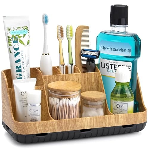 GFWARE Bathroom Organizers and Storage - Detachable 7 Slots Kids Electric Toothbrush and Toothpaste Holde Drainage for Bathroom Accessories Organization Counter Vanity Storage, Wood - Wood - Image 1